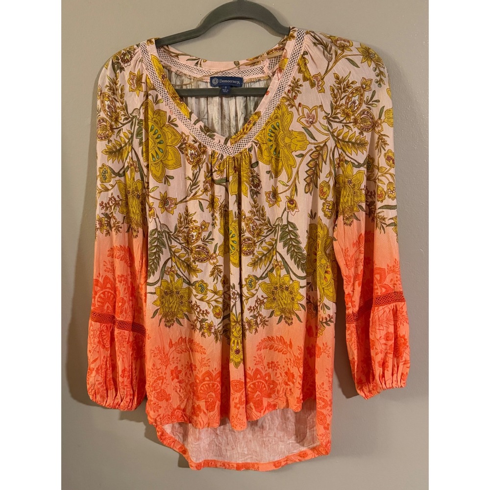 Democracy Floral Ombre V-Neck Blouse Orange Pink Boho Crochet Lace Top Small